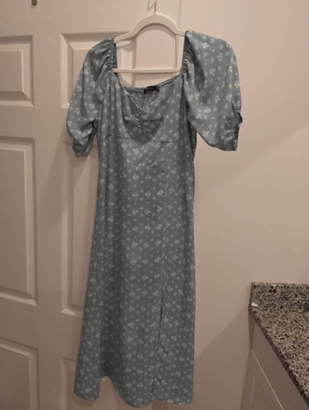 Light Blue Floral Midi Dress with Puff Sleeves and Square Neck